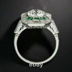 Art Deco Style Round Lab Created Diamond & Emerald Engagement 925 Silver Ring