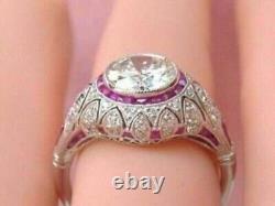 Art Deco Style Round Lab Created Diamond Ruby Wedding 14K White Gold Filled Ring
