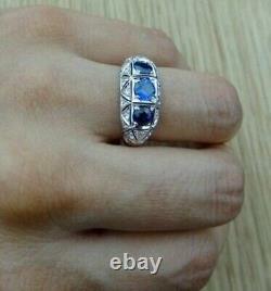 Art Deco Style Simulated Blue Sapphire Three-Stone Engagement Ring In 925 Silver