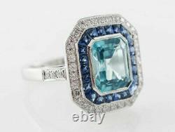 Art Deco Style Simulated Blue Topaz Cocktail Halo Engagement Ring In 925 Silver