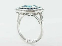 Art Deco Style Simulated Blue Topaz Cocktail Halo Engagement Ring In 925 Silver