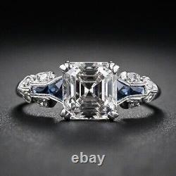 Art Deco Style Simulated Diamond & Blue Sapphire Engagement Ring In 925 Silver