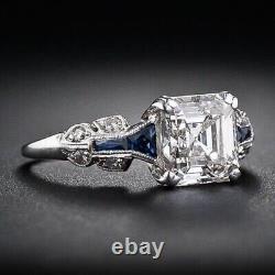 Art Deco Style Simulated Diamond & Blue Sapphire Engagement Ring In 925 Silver