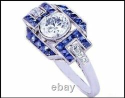 Art Deco Style Simulated Diamond & Blue Sapphires Engagement Ring In 925 Silver