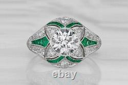 Art Deco Style Simulated Diamond & Emerald Flower Engagement Ring In 925 Silver