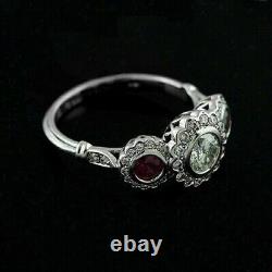 Art Deco Style Simulated Diamond &Ruby Three-Stone Engagement Ring In 925 Silver