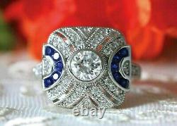 Art Deco Style Simulated Diamond & Sapphire Milgrain Engagement Ring 925 Silver