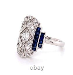 Art Deco Style Simulated Diamond & Sapphire Milgrain Wedding Ring In 925 Silver