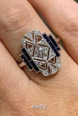 Art Deco Style Simulated Diamond & Sapphire Milgrain Wedding Ring In 925 Silver