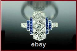Art Deco Style Simulated Diamond and Blue Sapphire Engagement Ring In 925 Silver