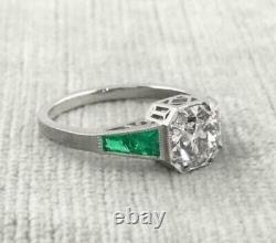 Art Deco Style Simulated Diamond and Emerald Retro Engagement Ring In 925 Silver