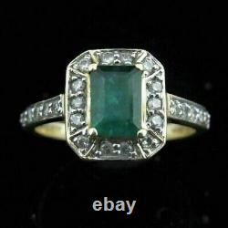 Art Deco Style Simulated Emerald Halo Women's Engagement Gift Ring In 925 Silver