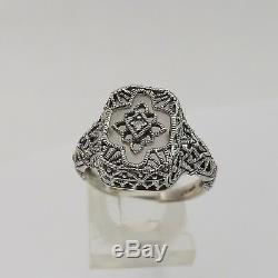 Art Deco Style Sterling Silver Camphor Glass Diamond Filigree Ring Sz 7