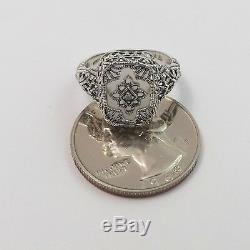 Art Deco Style Sterling Silver Camphor Glass Diamond Filigree Ring Sz 7