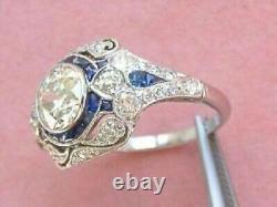 Art Deco Style White Lab Created Diamond & Sapphire Engagement 925 Silver Ring