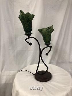 Art Deco Style Wrought Iron Table Lamp 2 Blown Glass Shades Green Crackled