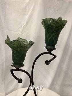 Art Deco Style Wrought Iron Table Lamp 2 Blown Glass Shades Green Crackled