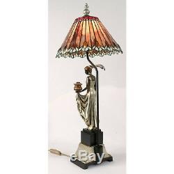 Art Deco/nouveau Table Lamp 76cm Charleston Lady Figurine Tiffany Style Shade