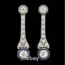 Art Deco style Baguette Sapphire & Lab Created Diamond women 925 Silver Earring