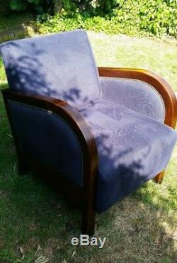 Art Deco style armchair. Navy fabric with dark wood