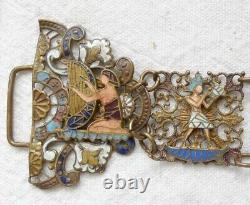 Art deco Egyptian style enamel brass ladie's panel belt. Length 77 cm