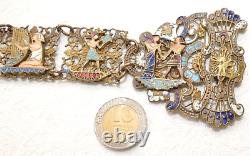 Art deco Egyptian style enamel brass ladie's panel belt. Length 77 cm