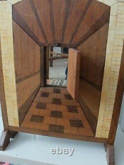 Art deco wood and faux bone inlay firescreen. With small mirror