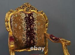 Attractive Pair Of Large Rococo Style Carved Gold Gilded Upholstered Arm Chairs