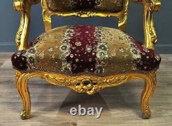 Attractive Pair Of Large Rococo Style Carved Gold Gilded Upholstered Arm Chairs