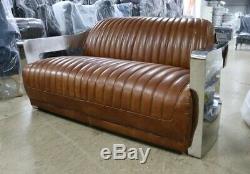 Aviator Art Deco Aluminium 2 Seater Sofa Home Industrial Vintage Tan Leather