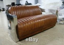 Aviator Art Deco Aluminium 3 Seater Sofa Home Industrial Vintage Tan Leather