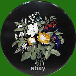 Black Marble Coffee Table Top Beautiful Floral Pattern Inlaid Side Table 15 Inch