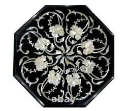 Black Marble Coffee Table Top Mother of Pearl Inlaid End table for Home 14 Inch
