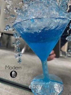 Blue Gin Cocktail glass 3D glitter art in mirrored frame, Blue Drinks 3D