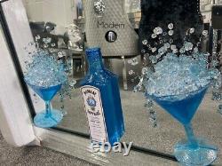 Blue Gin Cocktail glass 3D glitter art in mirrored frame, Blue Drinks 3D