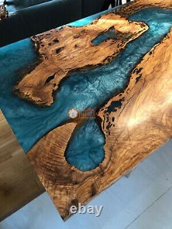 Blue Resin River Dining Confrence Center Table Top Natural Acaica Wood Decors