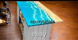 Blue Wave Epoxy Resin Dining Table Top Handmade Wooden Cafeteria Modern Art Deco