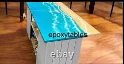 Blue Wave Epoxy Resin Dining Table Top Handmade Wooden Cafeteria Modern Art Deco