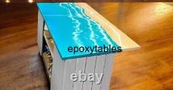 Blue Wave Epoxy Resin Dining Table Top Handmade Wooden Cafeteria Modern Art Deco