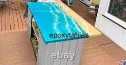 Blue Wave Epoxy Resin Dining Table Top Handmade Wooden Cafeteria Modern Art Deco