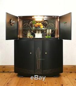 Cocktail Cabinet, Large Drinks Cabinet, Black And Gold Art Deco, 1960's Mid Cent