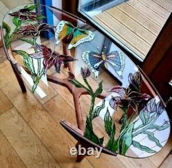 Coffee Glas Table Painted Floral Butterflies Artwork Handcrafted