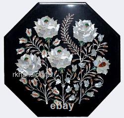 Coffee Table Top Inlaid with Floral Pattern Inlay Work Black Marble Corner table