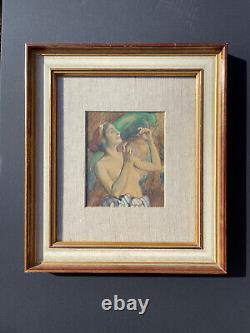 Curiosa painting XXth Parrot Nude Portrait Signed Art Deco Style Painting