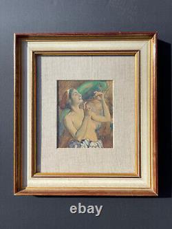Curiosa painting XXth Parrot Nude Portrait Signed Art Deco Style Painting