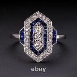 Diamond Sapphire Vintage Style Ring Art Deco Geometric Cocktail Antique Natural