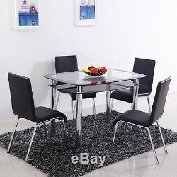 Double Layer Glass Table and 4 Faux Leather Chairs Dining Table and Chairs Set