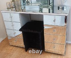 Double Mirrored Dressing Table White 8 Drawers Crystal Handles Bedroom Furniture
