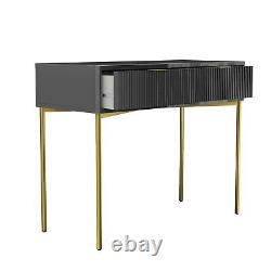 Dressing Table Grey Gloss with 2 Ribbed Drawers Gold Handles Legs Art Deco Style