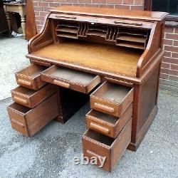 Edwardian Art Deco antique oak S tambour roll top office writing computer desk